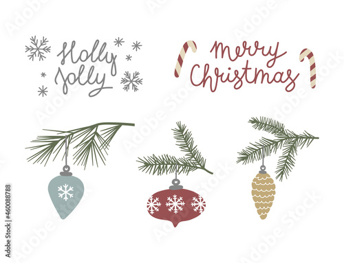 Vector illustration set of christmas balls and lettering. Hand drawn boubles on pine tree branch isolated on white background. Merry Christmas. Holly Jolly. photo