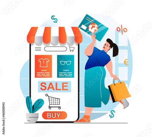 Online shopping concept in modern flat design. Woman buying and paying for goods in mobile application using credit card. Customer makes profitably purchases on store website. Vector illustration photo