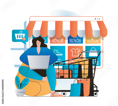 Online shopping concept in modern flat design. Woman chooses clothes and other goods using laptop, orders and pays for purchases on store website. Smart shopping and e-commerce. Vector illustration