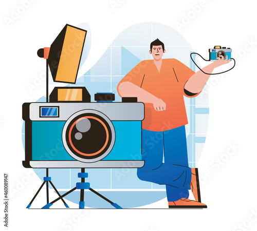 Photo studio concept in modern flat design. Man standing by huge photo camera works in professional with equipment. Photographer makes photoshoots, art and commercial photography. Vector illustration