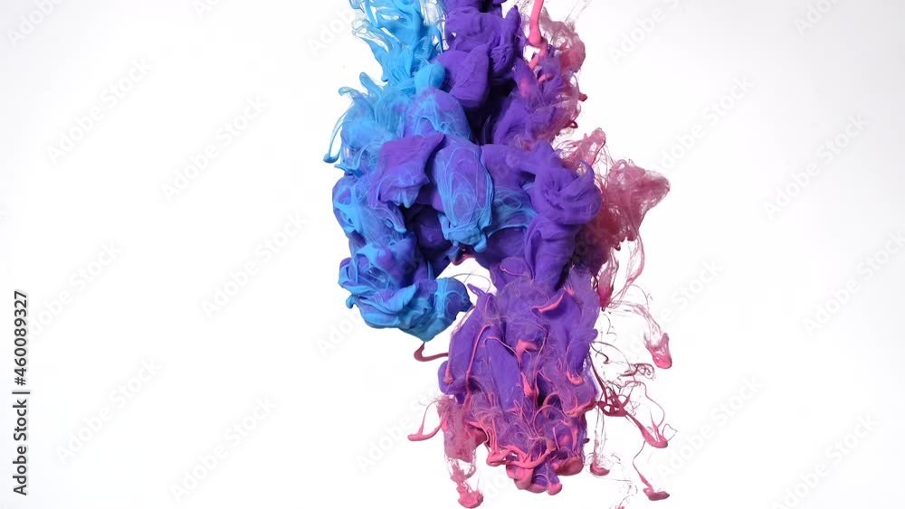 Pink, purple and blue watercolor ink mixed in water on a white background. Slow motion of colored acrylic paints in water. Awesome abstract background. Screensaver, relaxing meditative background. Pink, purple and blue watercolor ink mixed in water on a white background. Slow motion of colored acrylic paints in water. Awesome abstract background. Screensaver, relaxing meditative background.