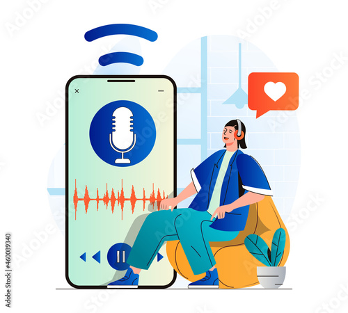 Podcast streaming concept in modern flat design. Woman with headphones is enjoying podcast or listening music using mobile app. Host talking in microphone at live radio show. Vector illustration