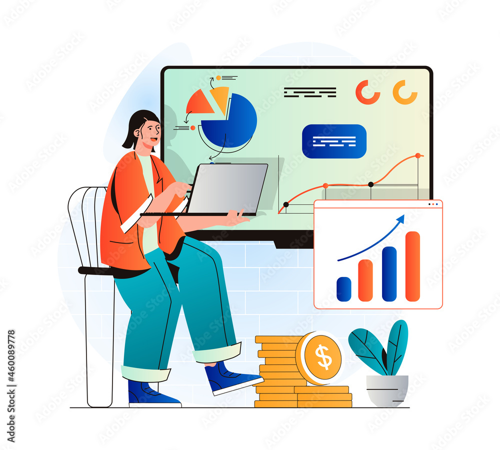Sales performance concept in modern flat design. Woman works with financial statistics, profit growth and analysis business strategy. Successful strategy and increases income. Vector illustration Sales performance concept in modern flat design. Woman works with financial statistics, profit growth and analysis business strategy. Successful strategy and increases income. Vector illustration