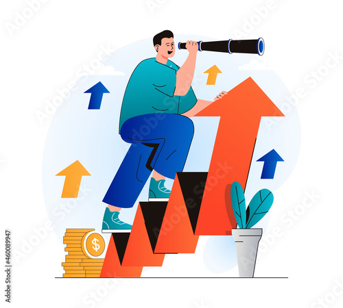 Searching opportunity concept in modern flat design. Man looks through spyglass and looks of new vacancies for professional growth. Leadership, successful business, profit growth. Vector illustration