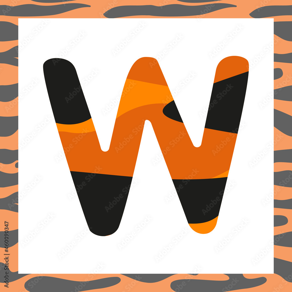 Letter W with tiger pattern. Festive font and frame from orange with black stripes alphabet, symbol for New Year and Christmas Letter W with tiger pattern. Festive font and frame from orange with black stripes alphabet, symbol for New Year and Christmas