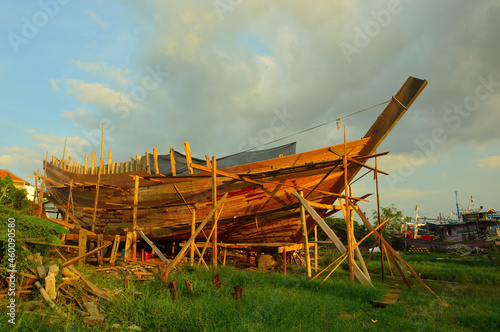 Wooden fishing boat construction on Kluwut river, Brebes, Central Java