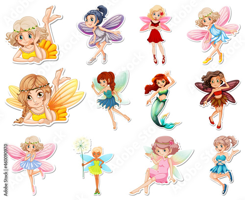 Set of stickers with beautiful fairies and mermaid cartoon character