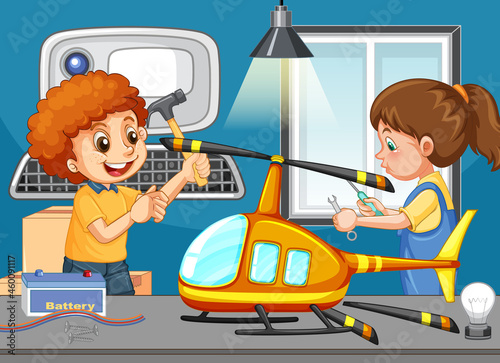 Scene with children repairing toy helicopter together