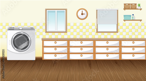 Laundry room interior design with furnitures and decorations