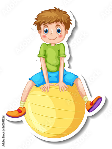 Sticker template with a boy sitting on a yellow ball isolated