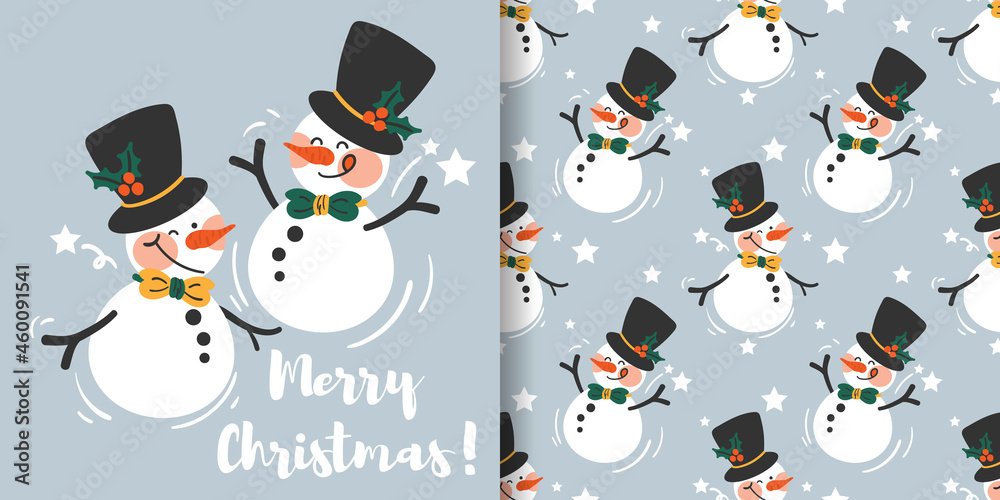 Christmas holiday banner with Merry Christmas text and seamless pattern of cute snowman wearing a black hat decorated with holly berry branches on a light gray background with stars. 