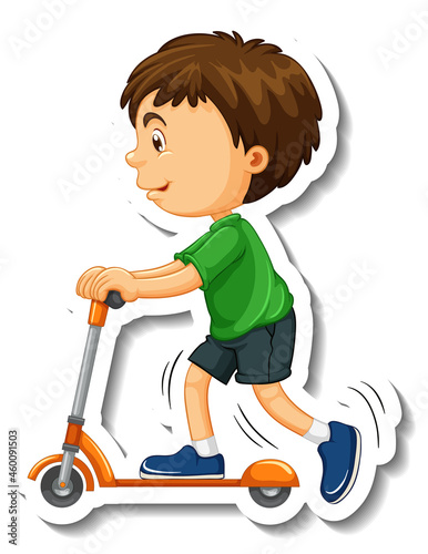 Sticker template with a boy riding a scooter cartoon character isolated