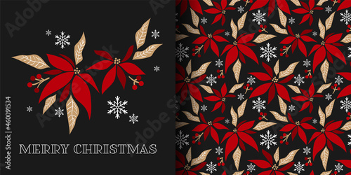 Christmas holiday season banner of Merry Christmas text and seamless pattern of Christmas winter poinsettia flower branches decorative with holly berry branch and snowflakes on black background.