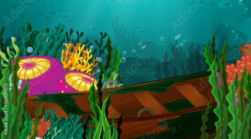 Underwater scene with sunken boat and tropical coral reef