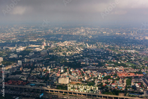 aerial view of the city with smoke 