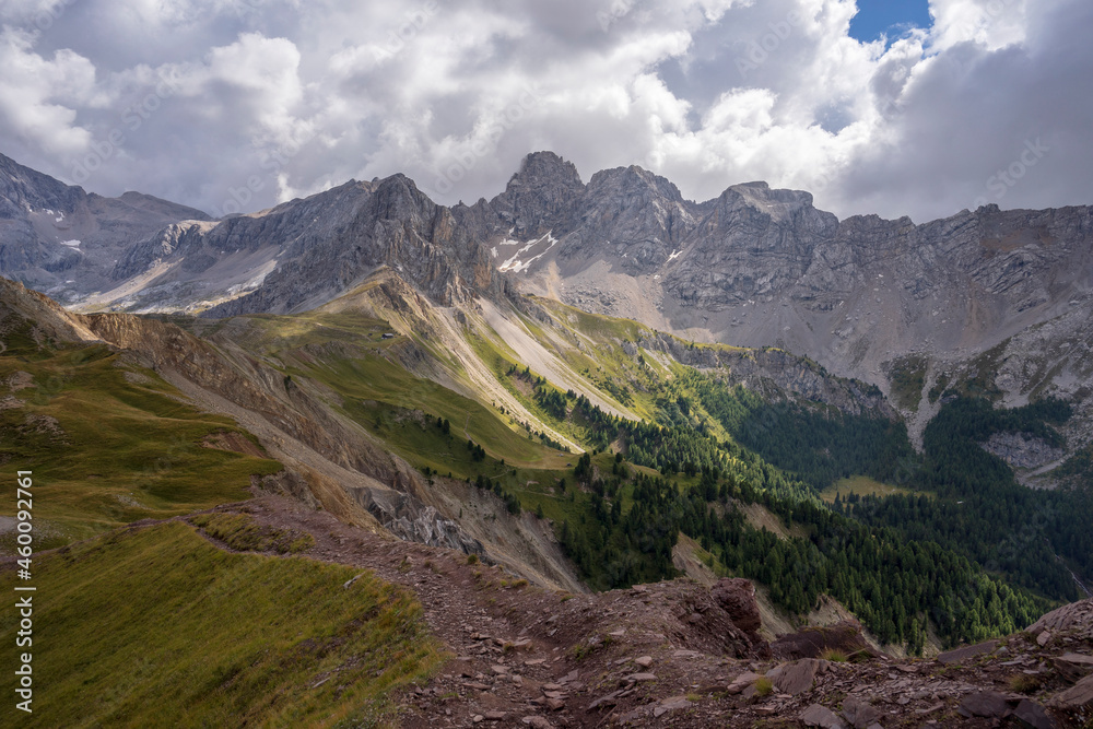Mountain landscape of the San Nicolo Pass. Dolomites. Italy.