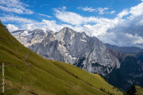 View of Marmolada from the Viel del Pan trail. Dolomites.