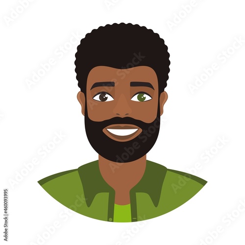 Person with heterochromia. Handsome man with different eye colors - brown and green. Smiling, cheerful, bearded character. Cartoon style. Portrait isolated on a white background. Vector illustration.