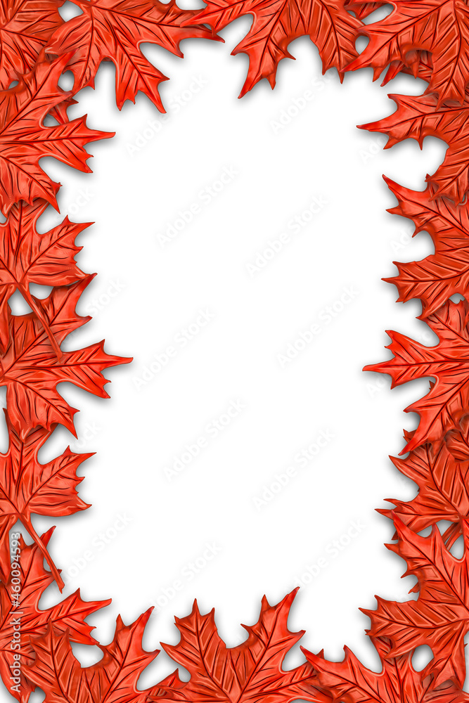plasticine 3d illustration. Frame made of red autumn leaves, on a white background, place for text plasticine 3d illustration. Frame made of red autumn leaves, on a white background, place for text