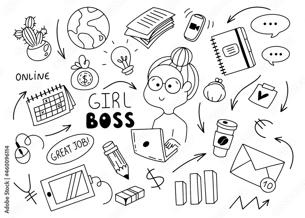 Girl boss doodle set vector illustration. businesswoman, girl at laptop, notebook, cactus, email, coffee, mean currencies, pencil, computer mouse, idea, tablet icons set.
