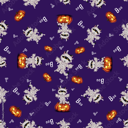 Small seamless pattern on the theme of Halloween with black cats, mummies, pumpkins Jack-o'-lanterns and the inscriptions Boo on a blue-purple background