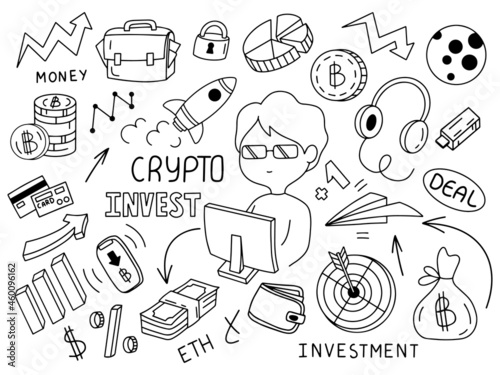 Bitcoin crypto investment doodle set vector illustration. Growth chart, bitcoin rocket, chart, to the moon, deal, ethereum, bulls and bears, market, bitcoin coin, crypto investor and others doodles.