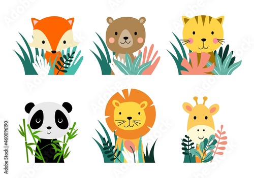 vector baby animal cartoon characters with floral plants and flowers drawing
