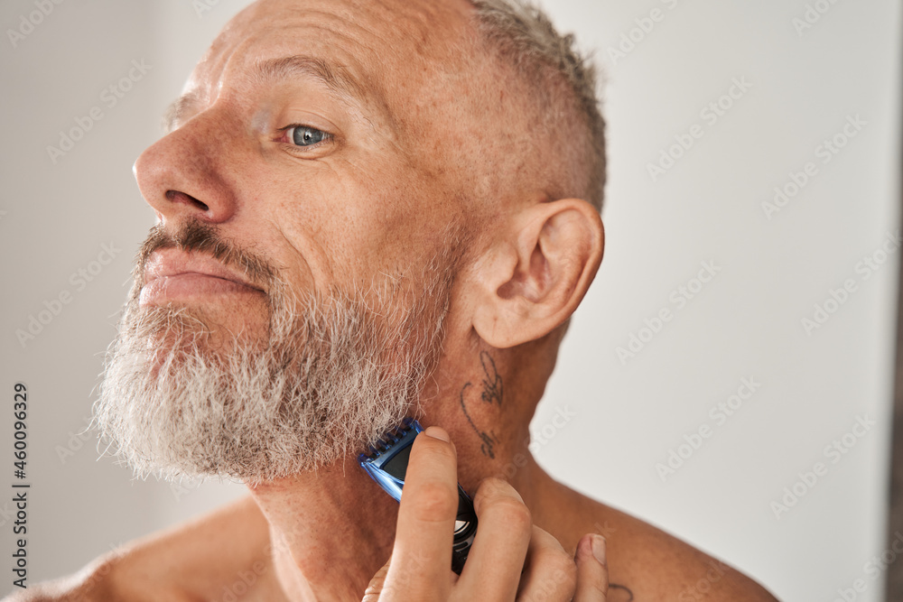 Obraz premium Mature man with naked torso shaving beard with electric razor