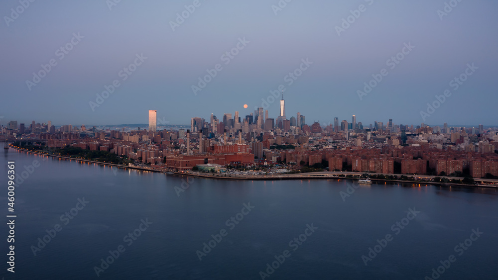 Aerial view on Manhattan with full moon 