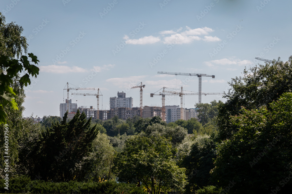 Fototapeta premium Green trees on the background of the construction of a new neighborhood. Construction cranes on the rack of multi-storey buildings.