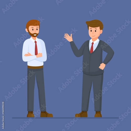 Vector illustration of businessmens. Two men standing isolated against a blue background. Conversation between two interlocutors. 