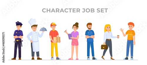 Vector illustration of a character job set. A bunch of people in different professions. Policeman, cook, doctor, courier, business lady and people. Gathering of people. 
