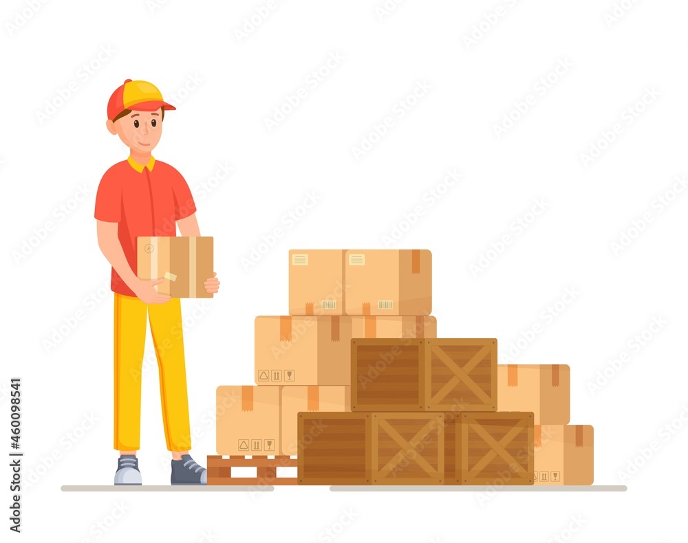 Vector cartoon flat illustration delivery stock. Checking stock availability before shipping to the customer. Warehouse of goods, purchases and orders. Courier picks up merchandise for delivery. Vector cartoon flat illustration delivery stock. Checking stock availability before shipping to the customer. Warehouse of goods, purchases and orders. Courier picks up merchandise for delivery.