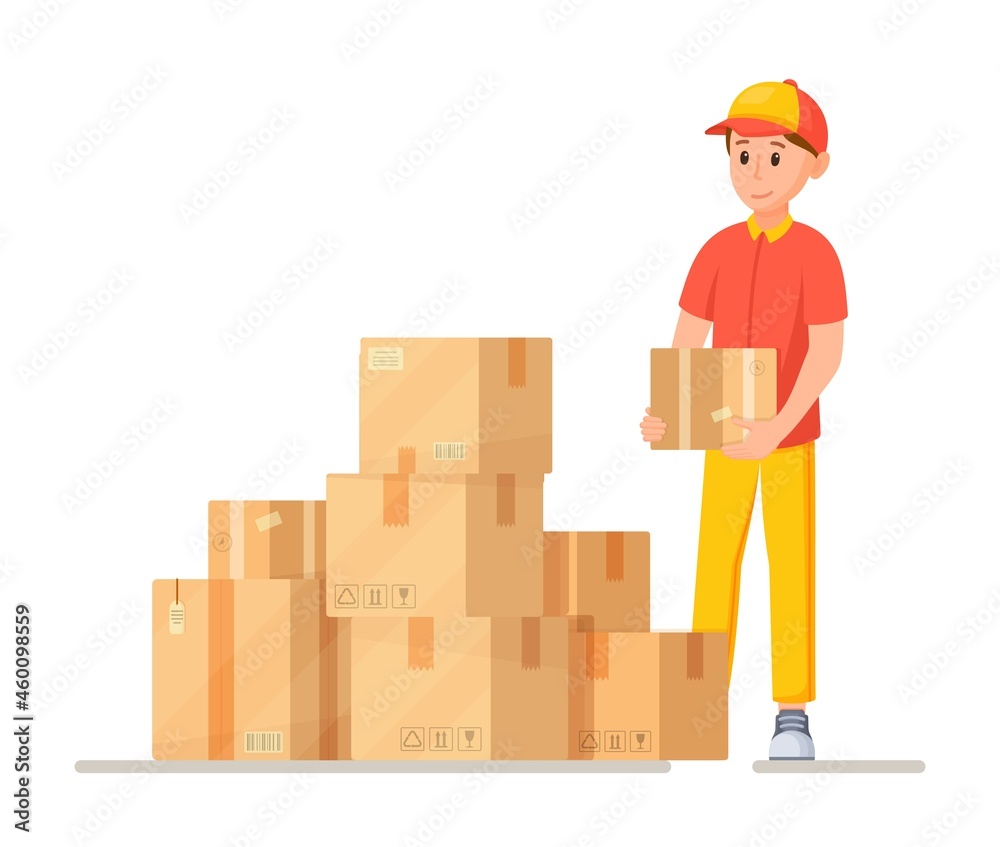 Vector illustration of deliveryman work. A lot of boxes with goods and a courier who delivers parcels. Delivery at the door. Ordering online. Vector illustration of deliveryman work. A lot of boxes with goods and a courier who delivers parcels. Delivery at the door. Ordering online.