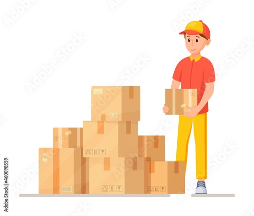Vector illustration of deliveryman work. A lot of boxes with goods and a courier who delivers parcels. Delivery at the door. Ordering online.