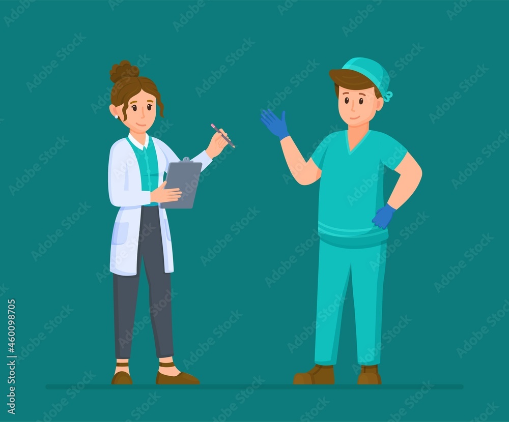 Vector illustration of medical interview. Two isolated doctors on a turquoise background. Two doctors talking about how to work next. Vector illustration of medical interview. Two isolated doctors on a turquoise background. Two doctors talking about how to work next.