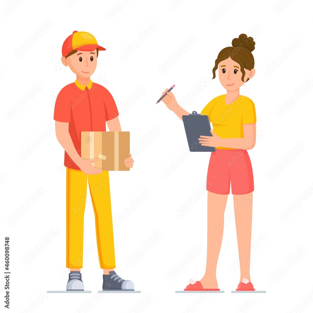 Vector illustration of parcel receipt. The customer picks up his order from the courier. Conversation between two people of different sexes isolated on white background. Ordering food online with home Vector illustration of parcel receipt. The customer picks up his order from the courier. Conversation between two people of different sexes isolated on white background. Ordering food online with home