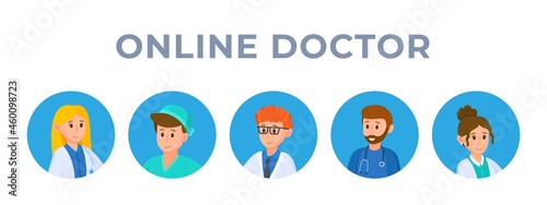 Vector illustration of an online medical consultation. Avatars of doctors for online medical exams. Pandemic. Restrictions due to coronavirus. 