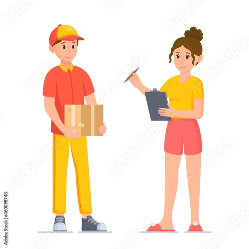 Vector illustration of parcel receipt. The customer picks up his order from the courier. Conversation between two people of different sexes isolated on white background. Ordering food online with home