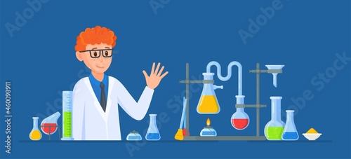 Vector illustration of scientist experiments. A human scientist in a laboratory. A scientist conducting an experiment in a laboratory.