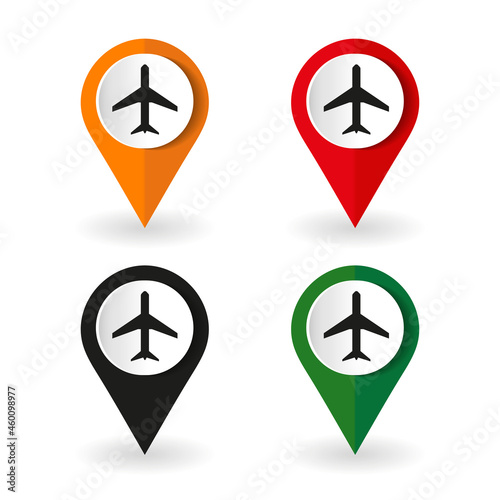 Free Download Plane, flight, airplane icons, set of colorful buttons in 4 color options. Map marker with plane icon, vector illustration - GFXLoad