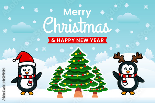 Merry Christmas and Happy New Year Banner template with penguins