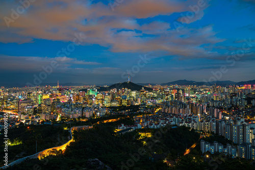 View of City sky , south korea, showing landmark Seoul tower in the financial district 
