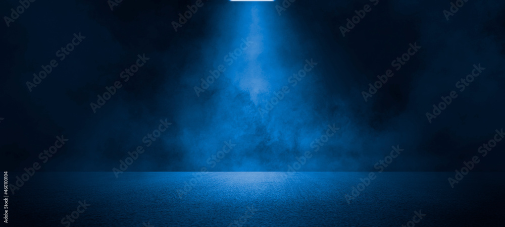 Empty dark blue abstract cement wall and studio room with smoke float up the interior texture for display products wall background