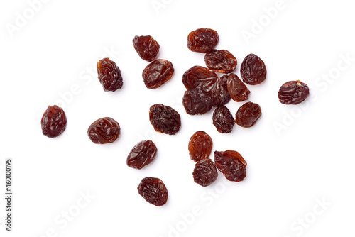Top view of Raisins isolated on white background.