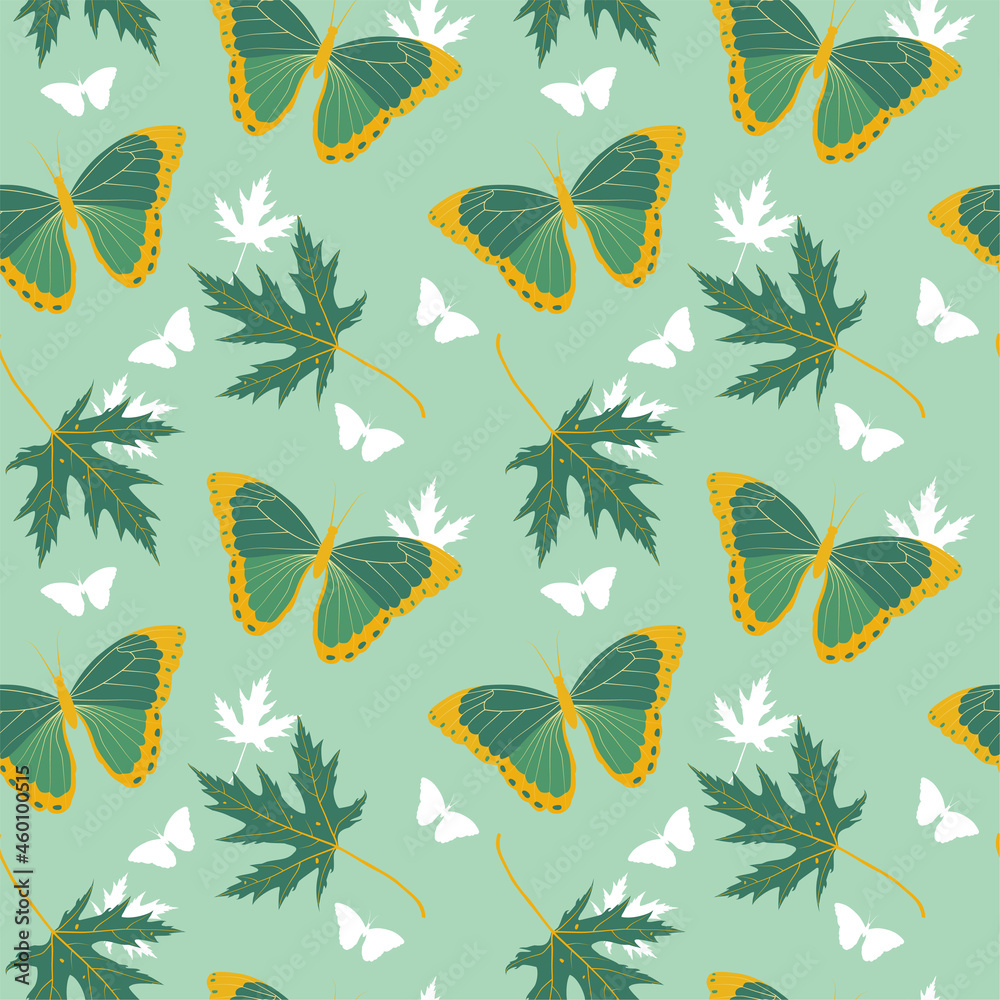Green tropical butterflies and beautiful leaves seamless pattern on green background