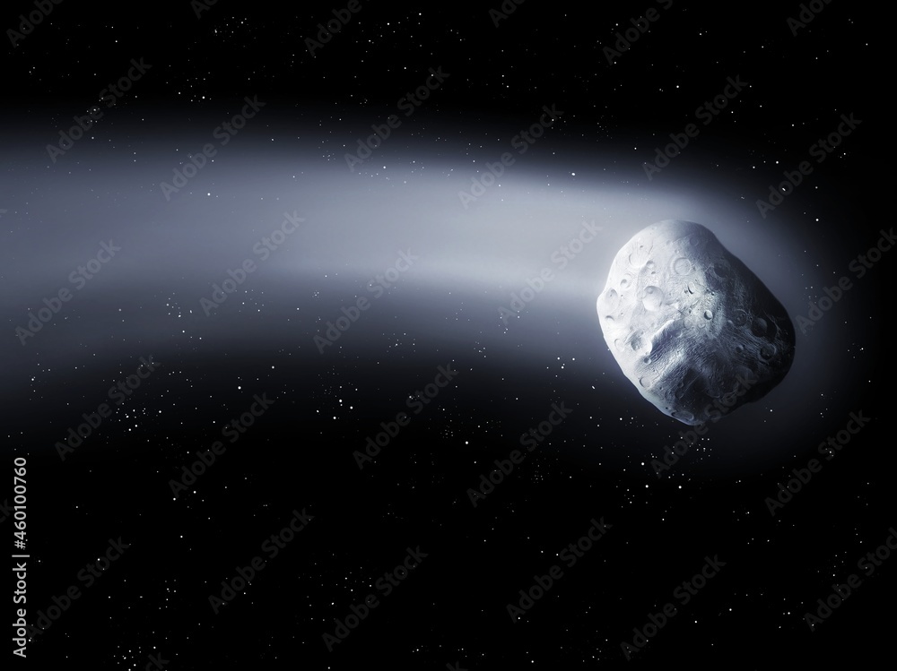 Comet tail, comet flies in space against the background of stars 3d illustration.