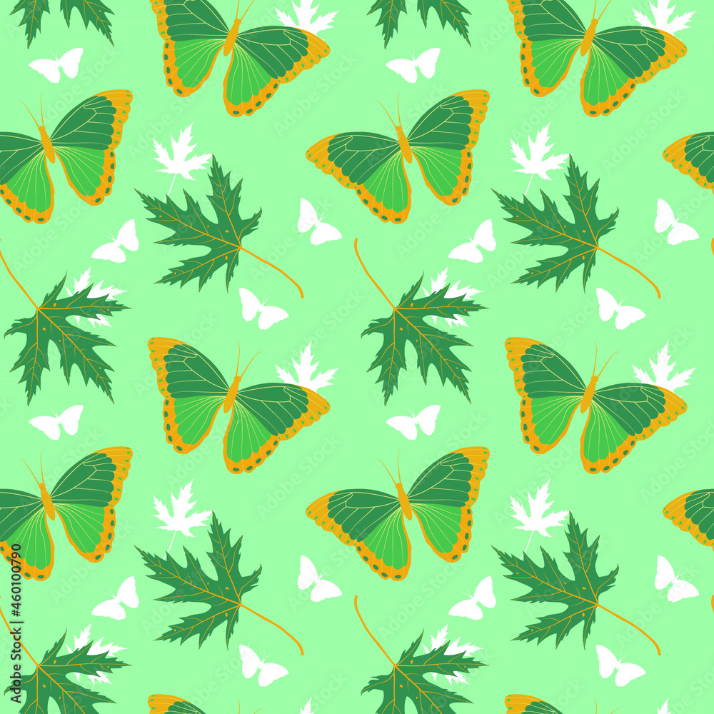 Green tropical butterflies and beautiful leaves seamless pattern on green background