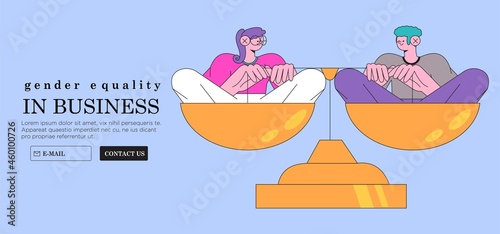 Vector illustration in outline cartoon style of smiling man and woman sitting on weighing dishes of balance scale. Gender equality at work, workplace or business, equal rights for both sexes concept.