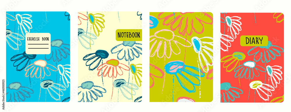 Cover page vector templates based on seamless patterns with hand drawn Echinacea flowers. Backgrounds for notebooks, notepads, diaries. Headers isolated and replaceable